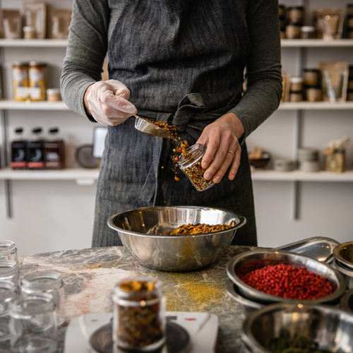 person mixing medicinal herbs in metal bowls